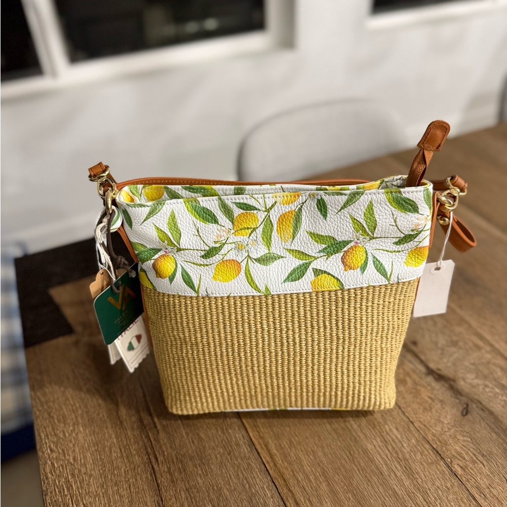 Valentina Italian LeatherLemon Print Straw Crossbody Bag NWT